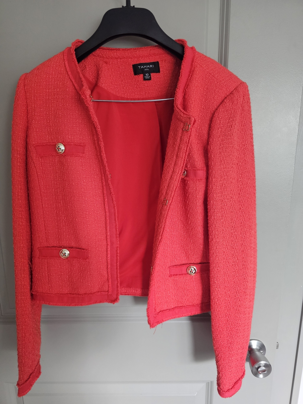 Tahari ASL Coral-Red Tweed Open-Front Blazer Suit